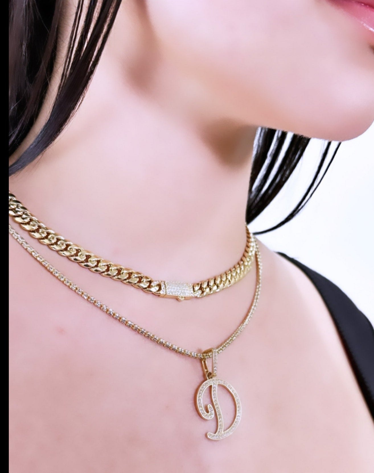 14K Hollow Choker With Initial Name With Ice Chain