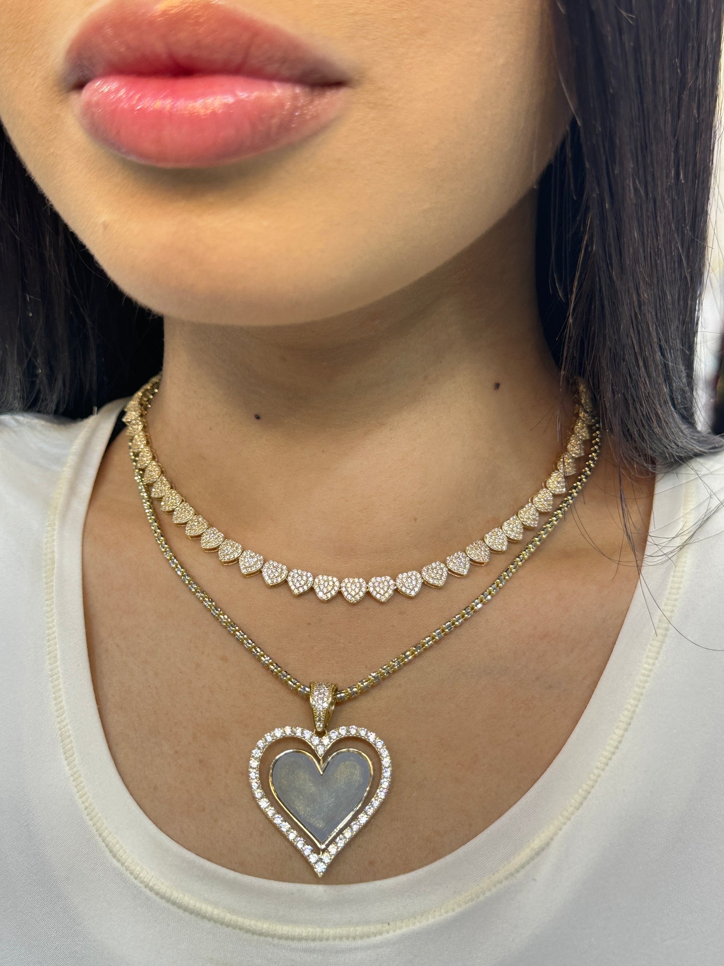 14k Combo Heart Choker with Ice Chain with heart pendant Cz Stones Yellow Gold