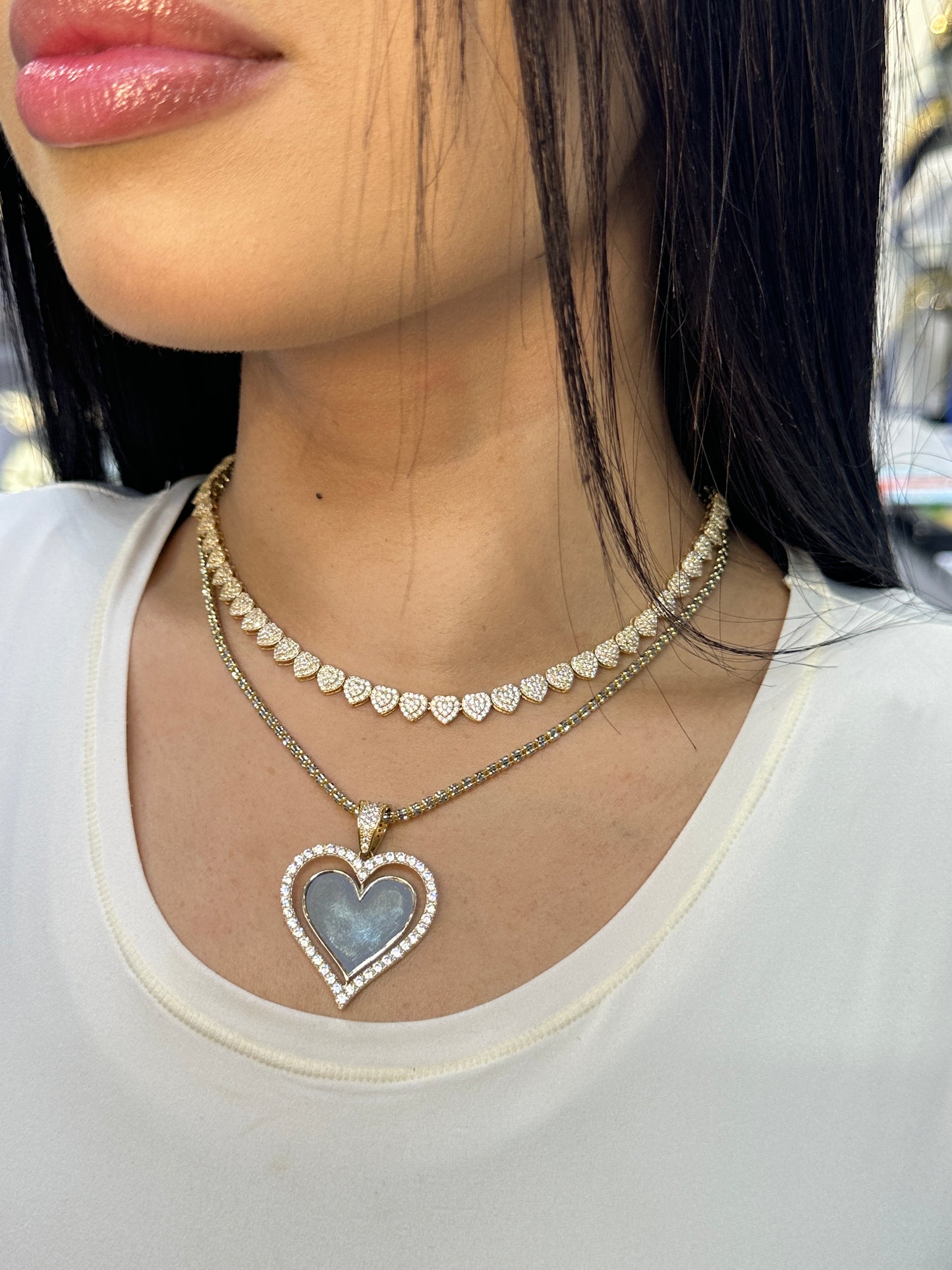 14k Combo Heart Choker with Ice Chain with heart pendant Cz Stones Yellow Gold