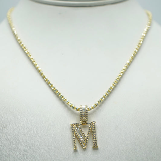 14K  Initial Name Baguette Pendant With Ice Chain Yellow Gold