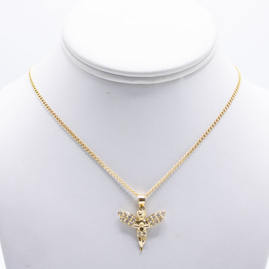 14K Angel Pendant Cz Stones Cuban Chain Yellow Gold