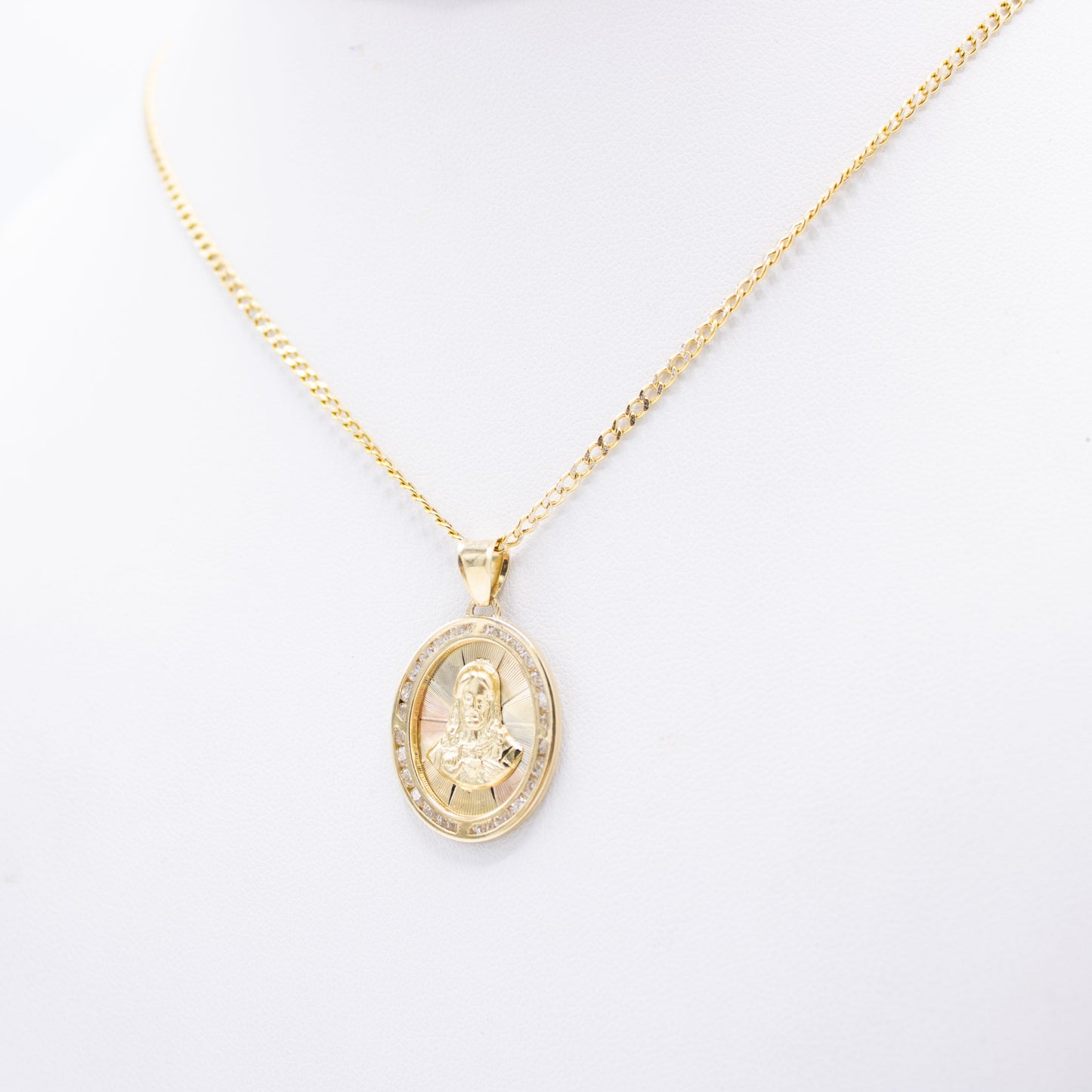 14K Jesus Face Pendant Cz Stones with Cuban Chain Yellow Gold