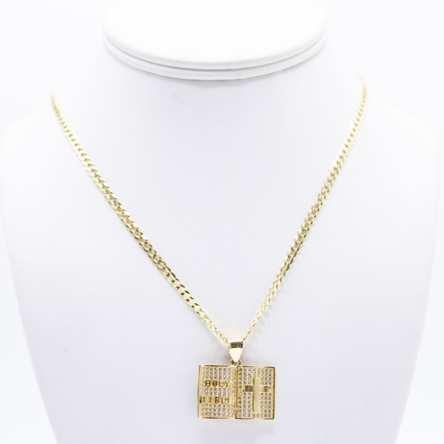 14K Holy Bible Cz pendant with Solid Flat Cuban Chain Yellow Gold