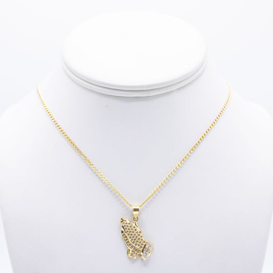 14K Pray Hands Pendant Cz Stones With Semi-Solid Flat Cuban Chain Yellow Gold