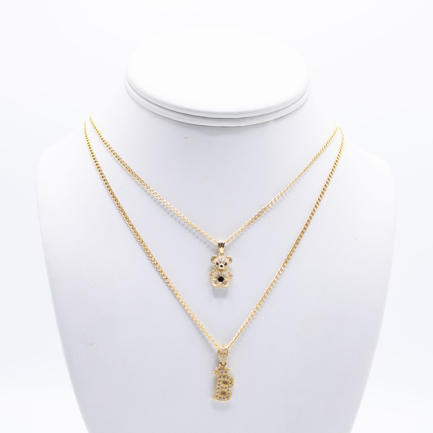 14K Set Cuban Chains with teddy bear - initial Pendant Cz Stones Yellow Gold