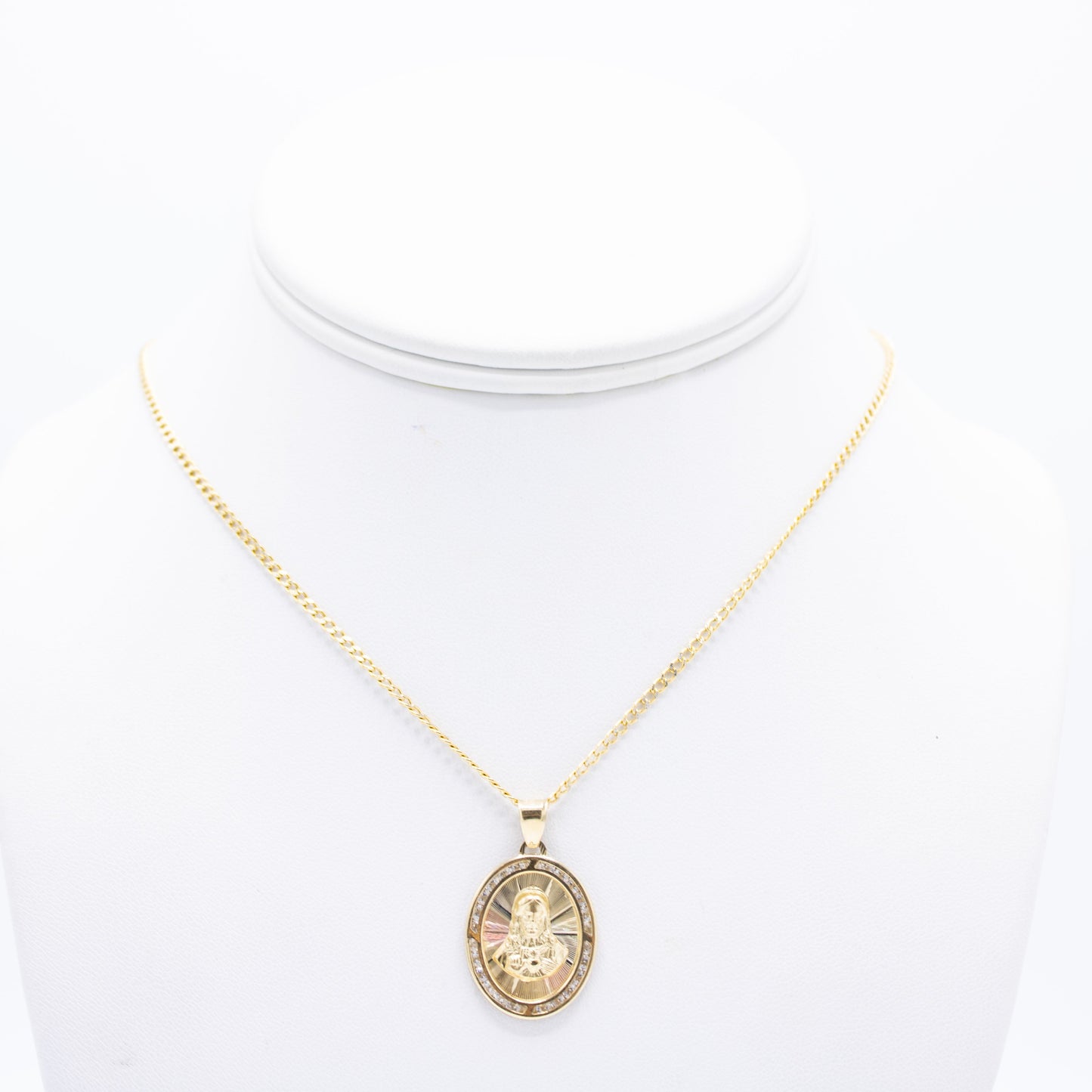 14K Jesus Face Pendant Cz Stones with Cuban Chain Yellow Gold
