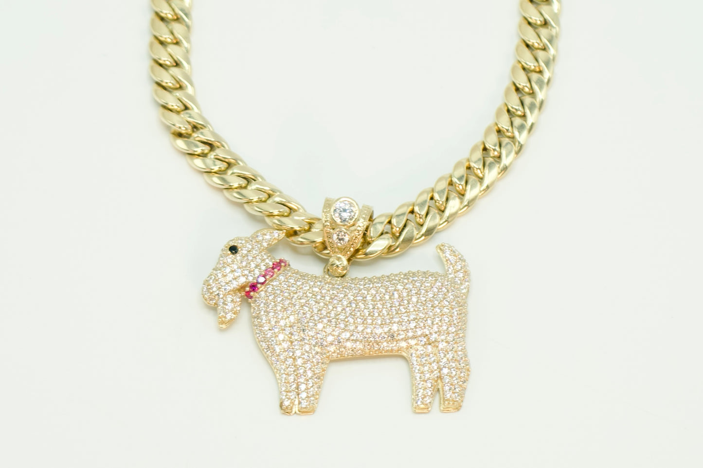14K GOAT Pendant Cz Stones With Miami Cuban Chain Yellow Gold