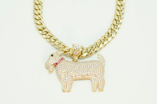 14K GOAT Pendant Cz Stones With Miami Cuban Chain Yellow Gold