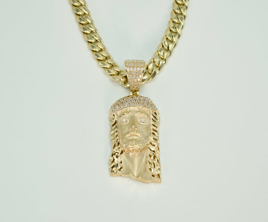14K Jesus Face Pendant Cz Stones With Miami Cuban Chain Yellow Gold