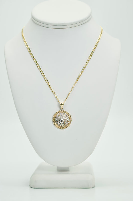 14K Round Medusa Pendant Two Tones With Semi Solid Cuban Chain Yellow Gold