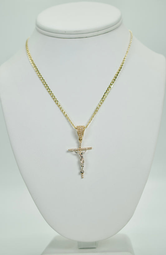 14K Jesus Christ Cross Pendant Cz Stones With Semi Solid Cuban Chain Yellow Gold