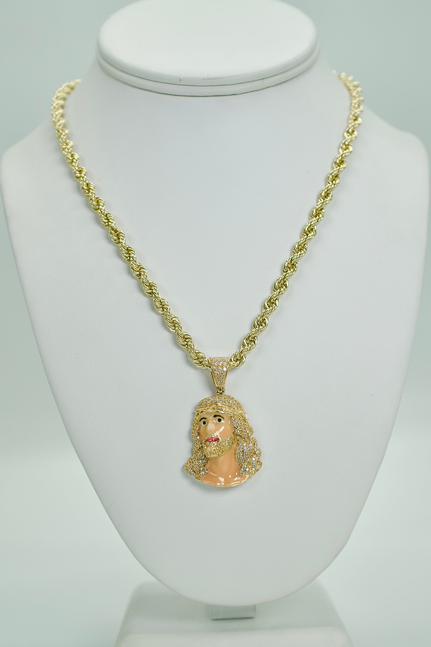 14K Jesus Face Pendant Cz Stones With Rope Chain Yellow Gold