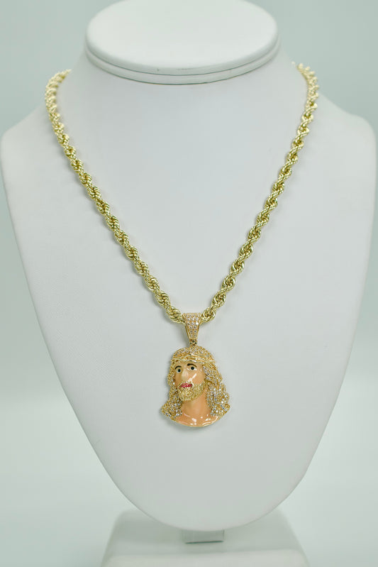 14K Jesus Face Pendant Cz Stones With Rope Chain Yellow Gold