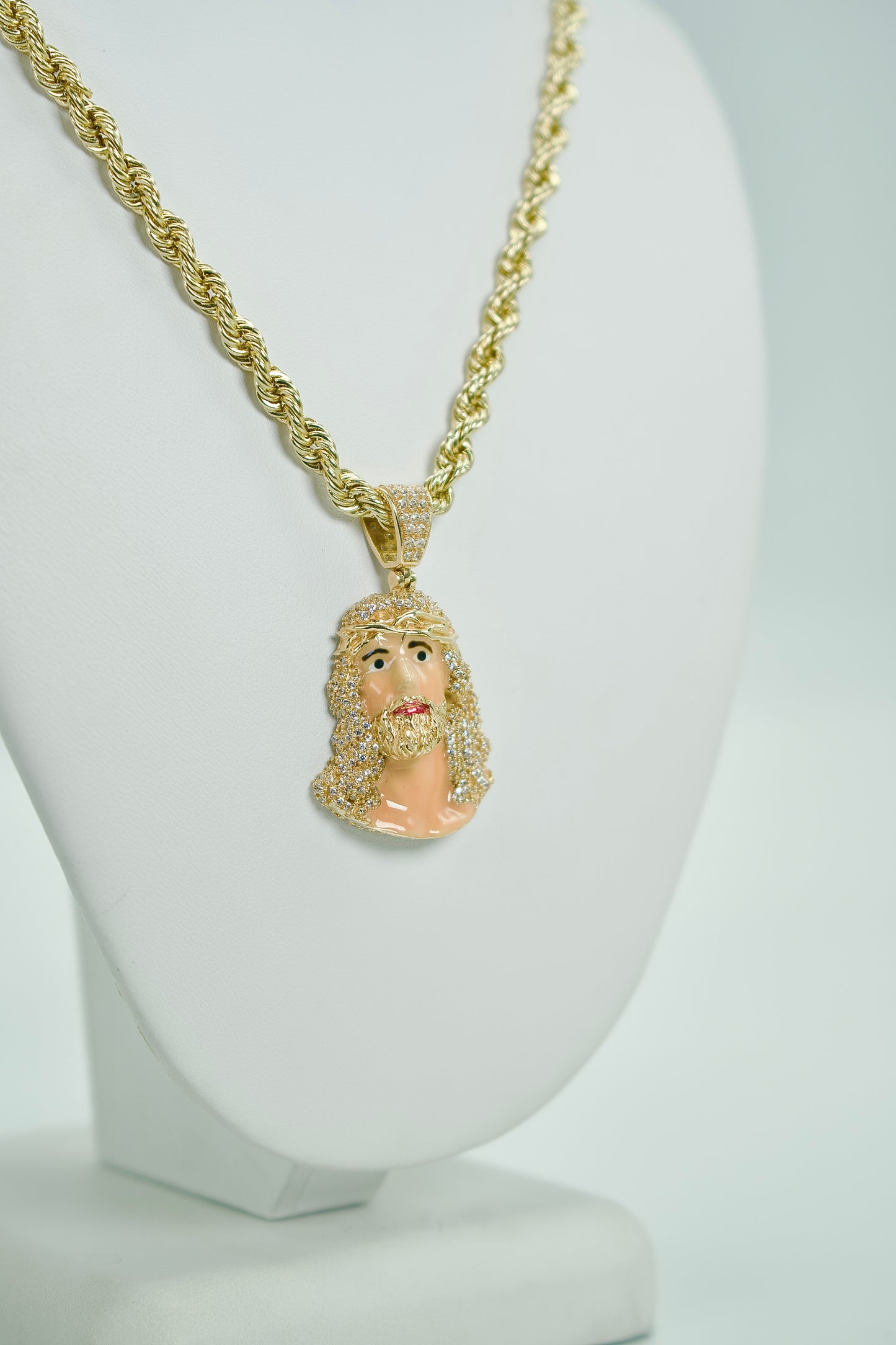 14K Jesus Face Pendant Cz Stones With Rope Chain Yellow Gold