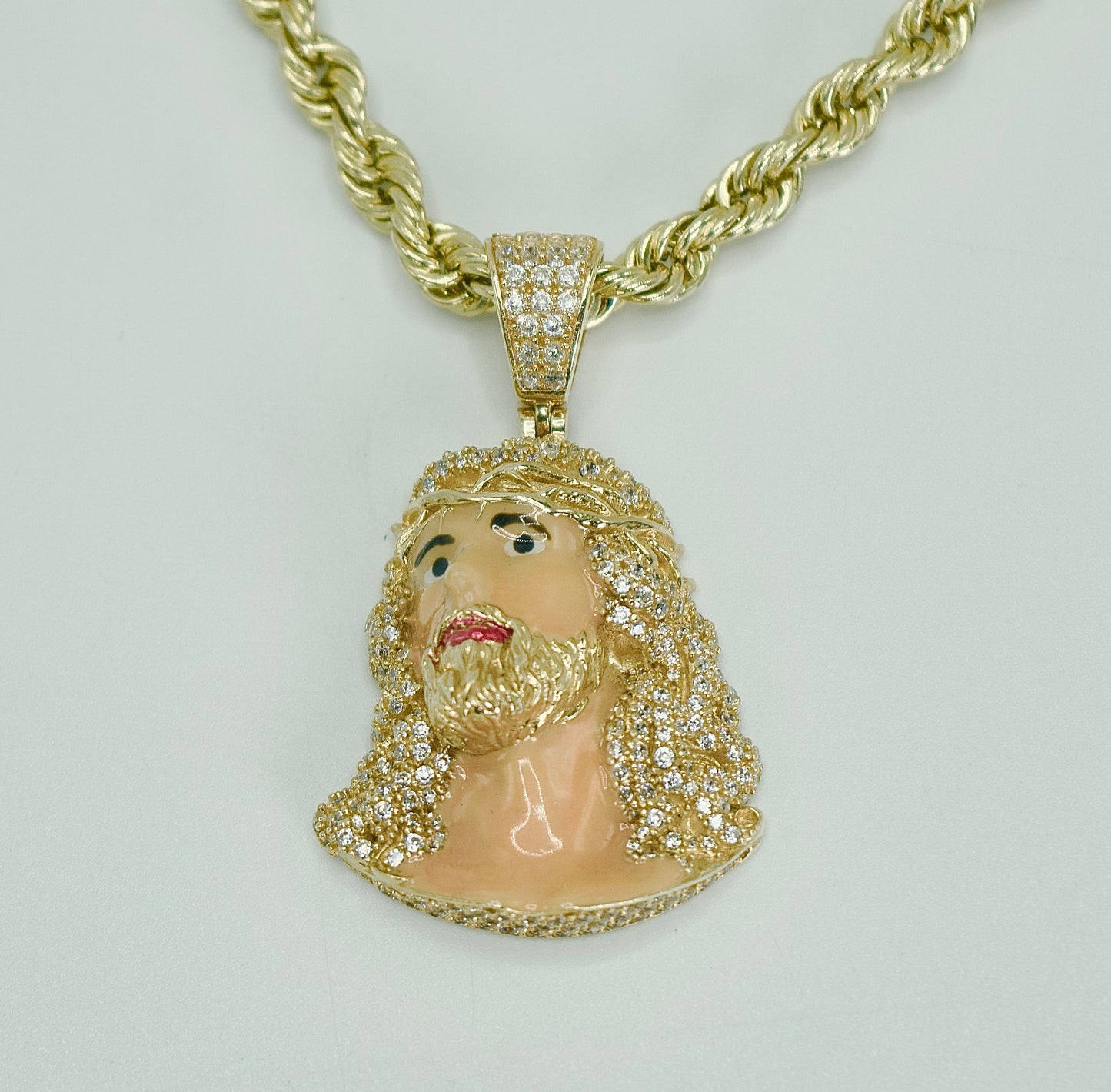 14K Jesus Face Pendant Cz Stones With Rope Chain Yellow Gold