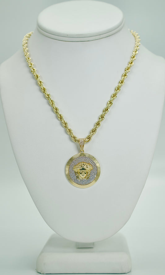 14K Round Medusa Pendant Cz Stones With Rope Chain Yellow Gold