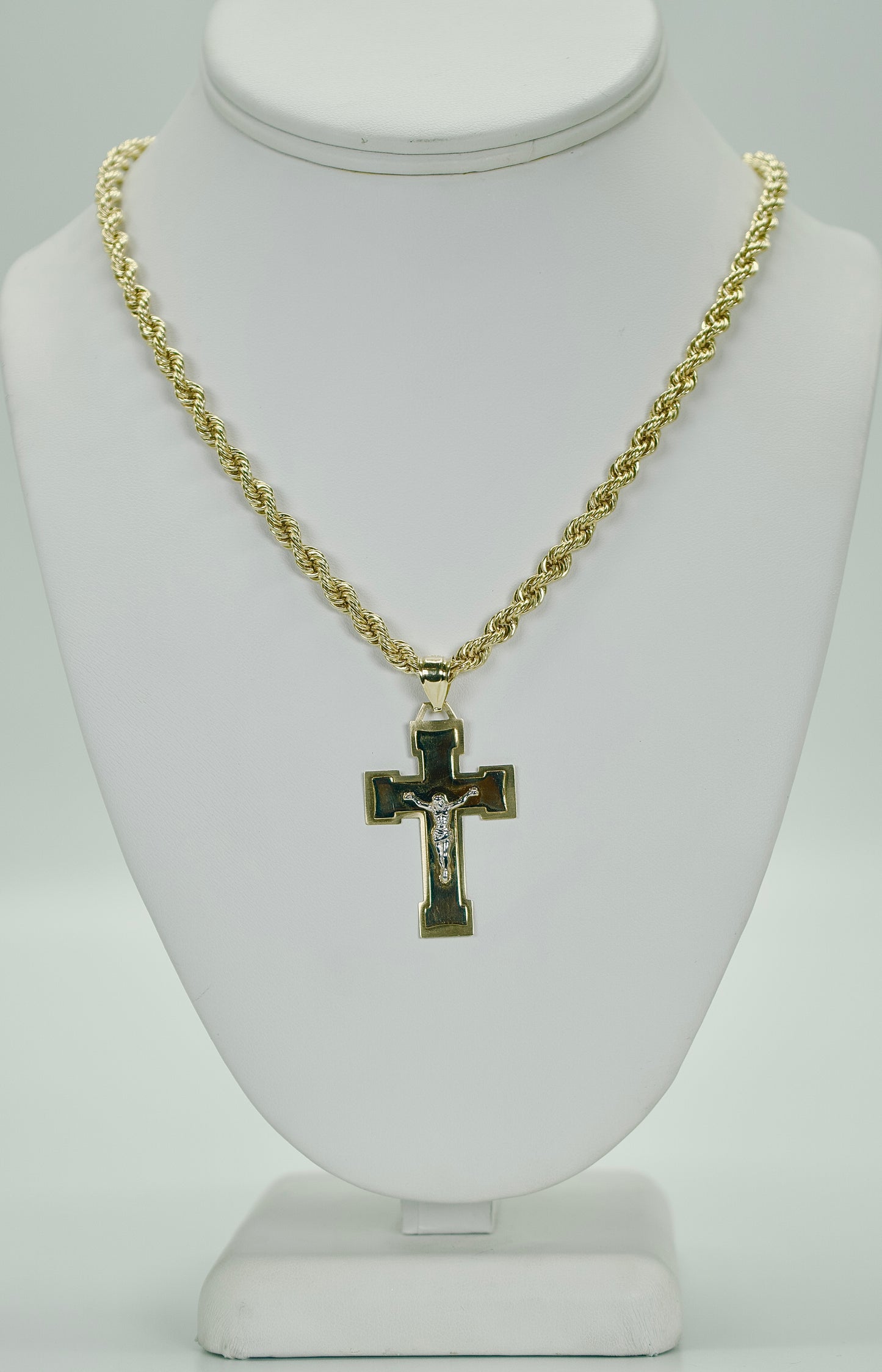 14K Cross Pendant Two Tones With Rope Chain Yellow Gold