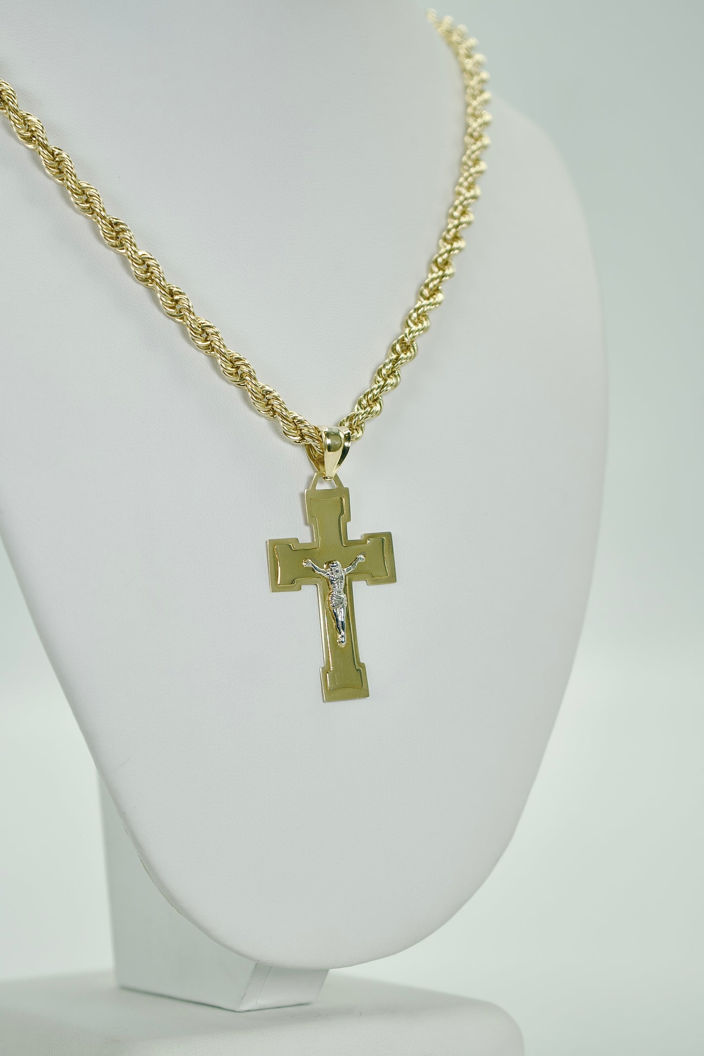14K Cross Pendant Two Tones With Rope Chain Yellow Gold