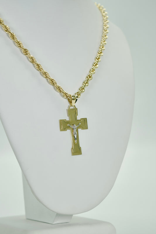 14K Cross Pendant Two Tones With Rope Chain Yellow Gold