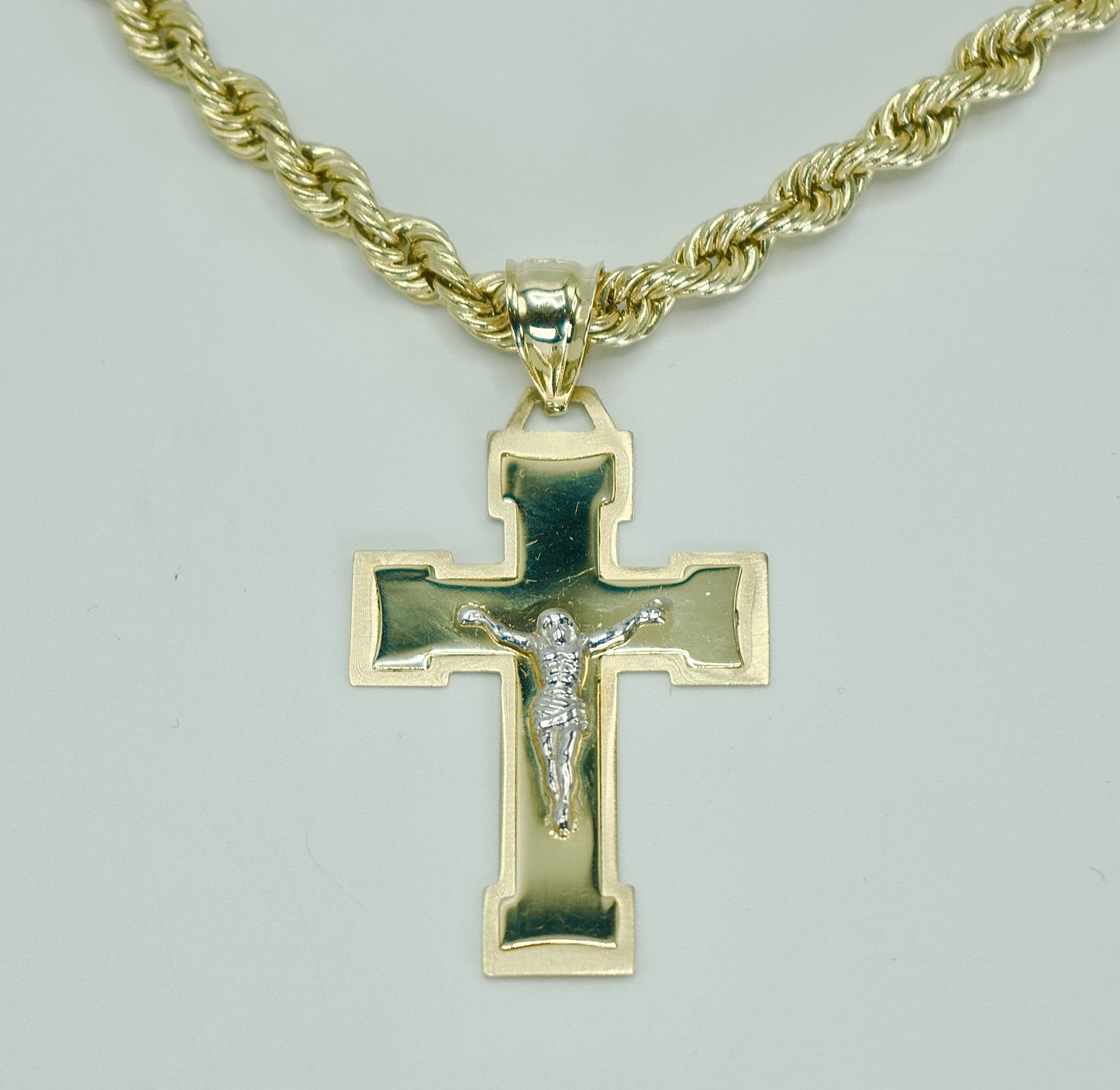 14K Cross Pendant Two Tones With Rope Chain Yellow Gold