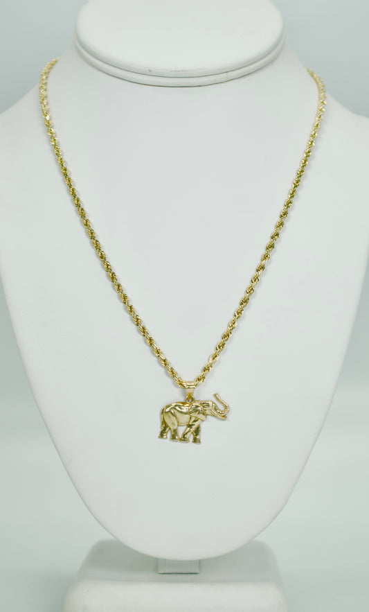 14K Elephant Pendant With Rope Chain Yellow Gold