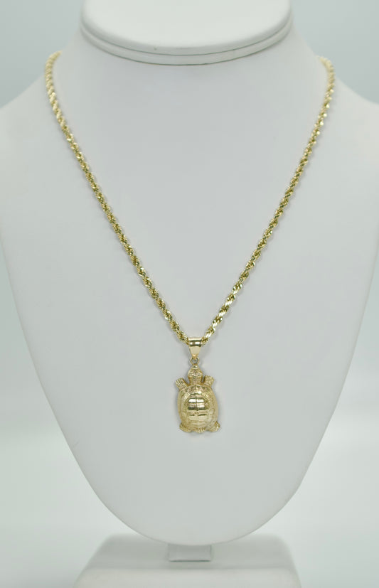 14K Turtle Pendant With Rope Chain Yellow Gold