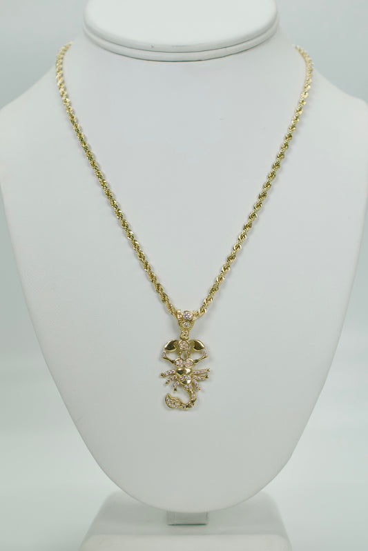 14K SCORPION Cz Pendant With Rope Chain Yellow Gold