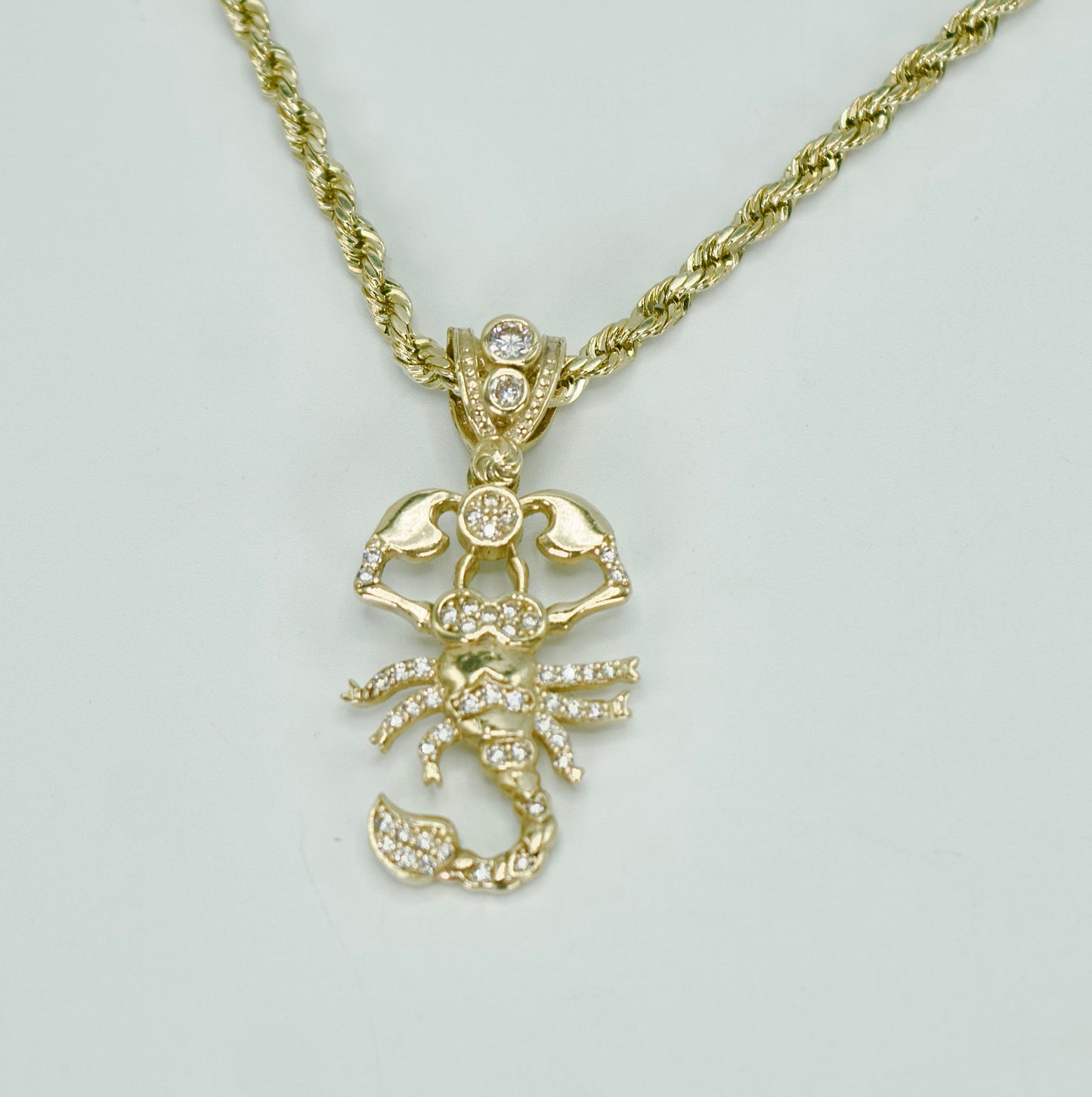 14K SCORPION Cz Pendant With Rope Chain Yellow Gold