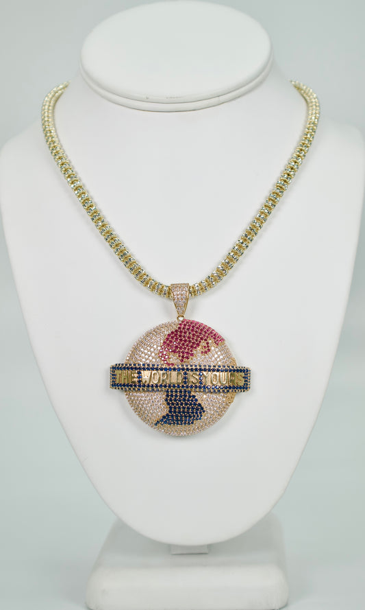14K World Pendant Cz Stones With Ice Chain Yellow Gold