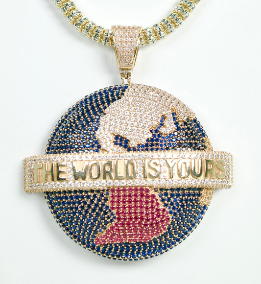 14K Jumbo World Pendant Cz Stones With Ice Chain Yellow Gold