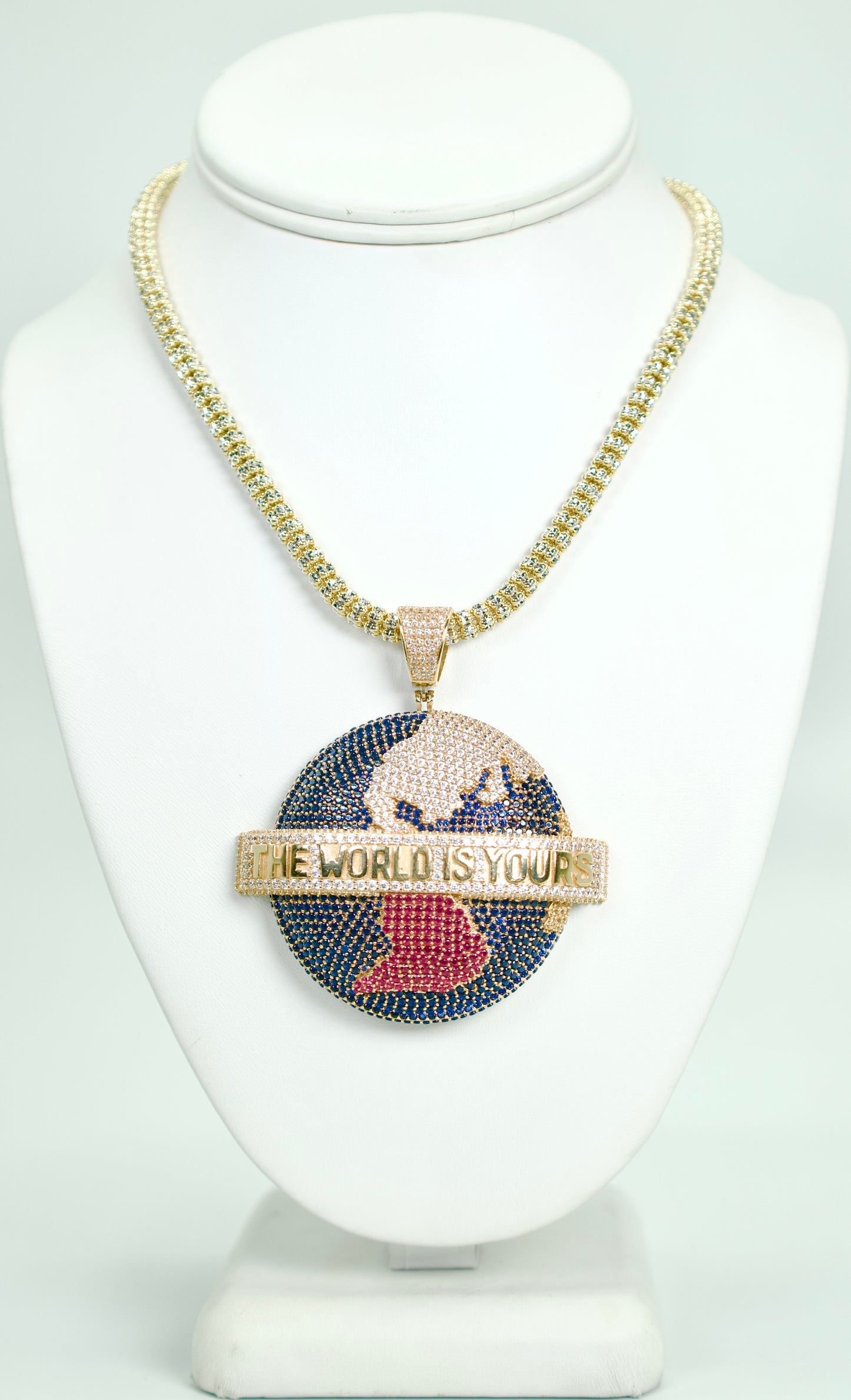 14K Jumbo World Pendant Cz Stones With Ice Chain Yellow Gold