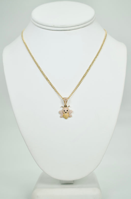 14K Bee Cz Pendant With Cuban Chain Yellow Gold