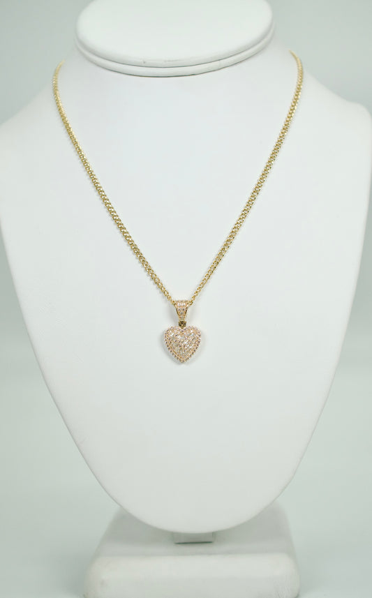14K Heart Pendant Baguette / Cz Stones With Cuban Chain