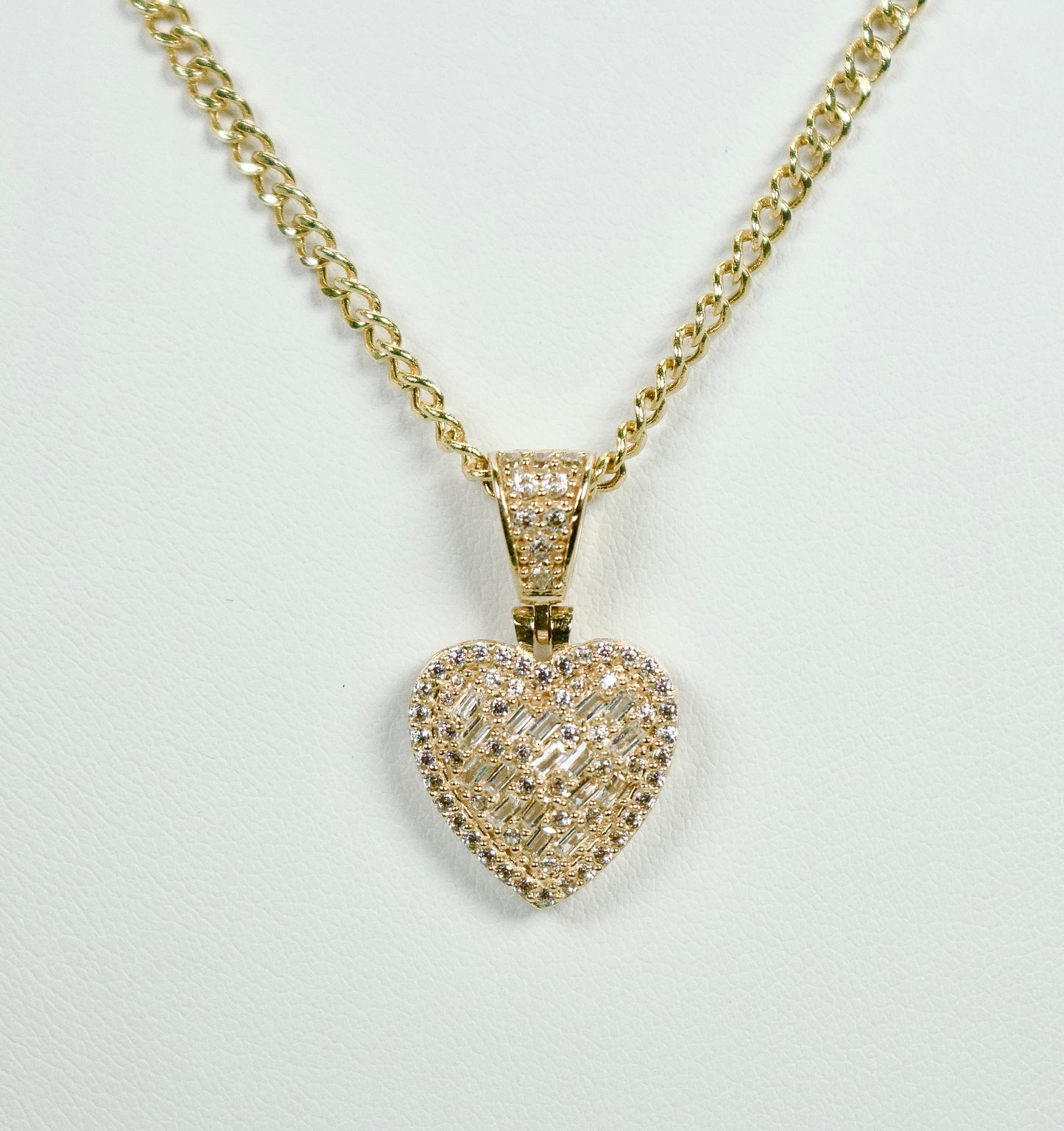 14K Heart Pendant Baguette / Cz Stones With Cuban Chain