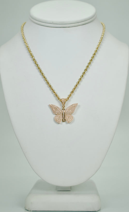 14K Butterfly Cz Pendant With Rope Chain Yellow Gold