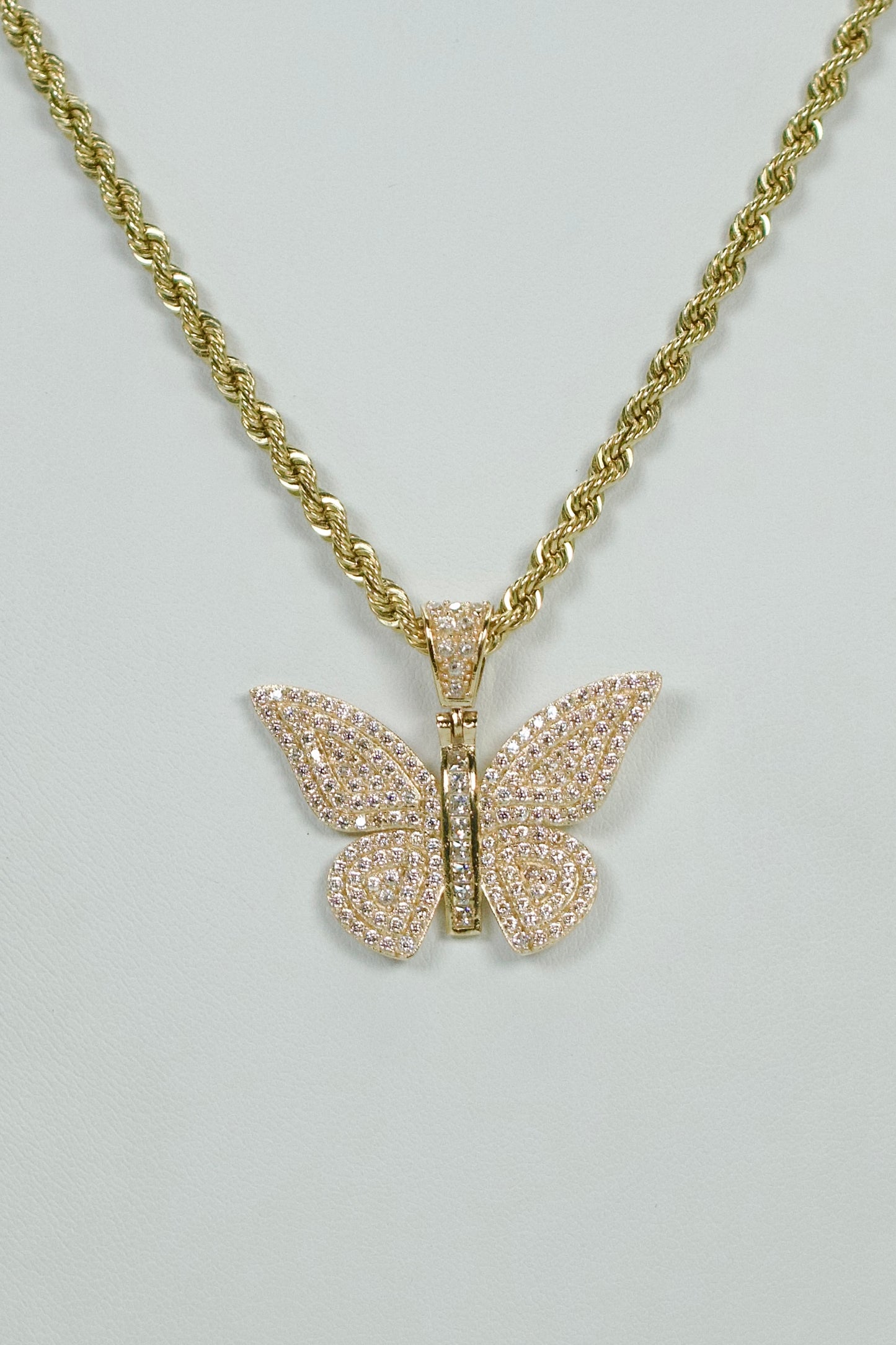 14K Butterfly Cz Pendant With Rope Chain Yellow Gold