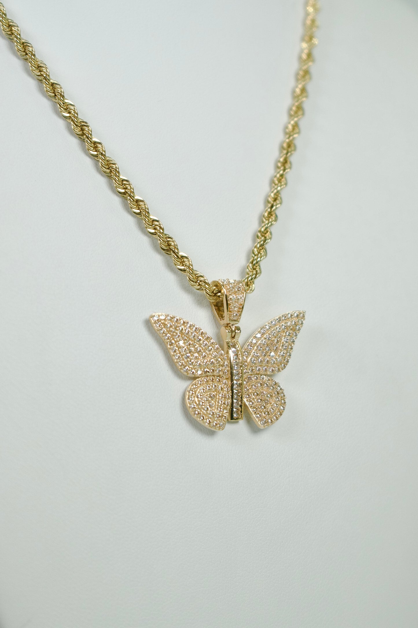 14K Butterfly Cz Pendant With Rope Chain Yellow Gold