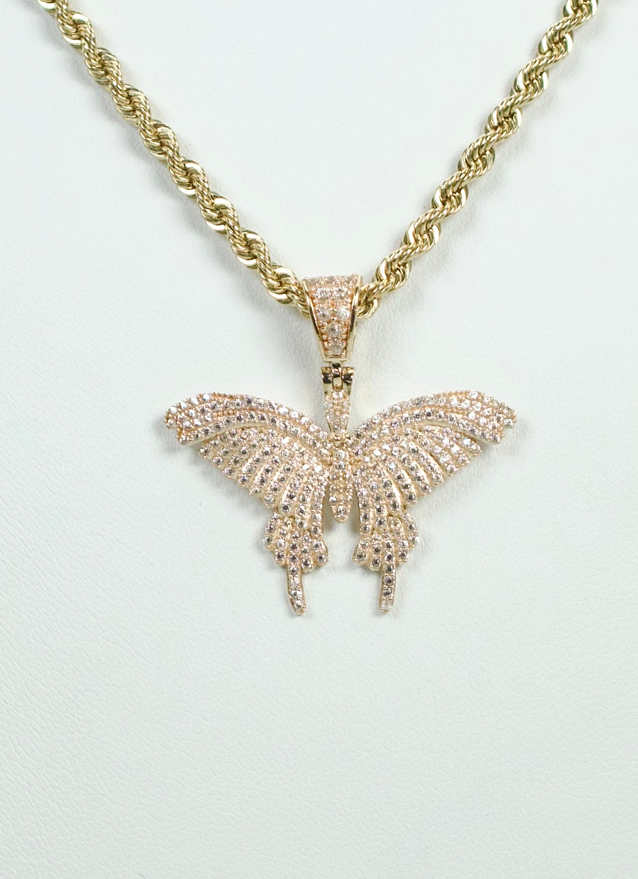14K Butterfly Pendant Cz Stones With Rope Chain