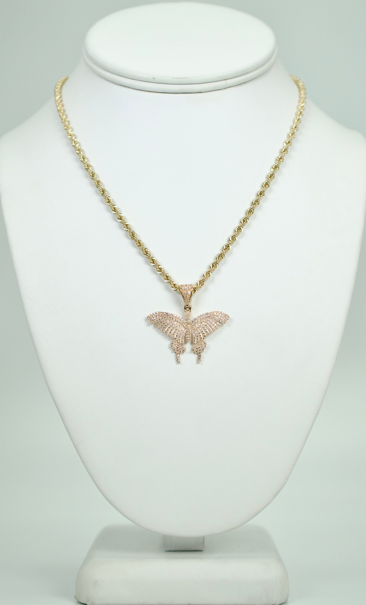 14K Butterfly Pendant Cz Stones With Rope Chain