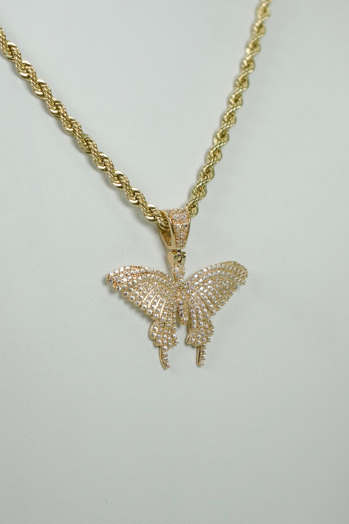 14K Butterfly Pendant Cz Stones With Rope Chain