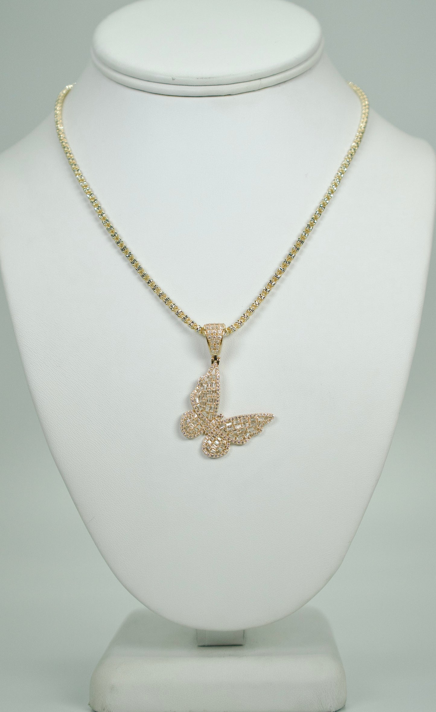 14K Butterfly Cz Stones Pendant With Ice Chain Yellow Gold