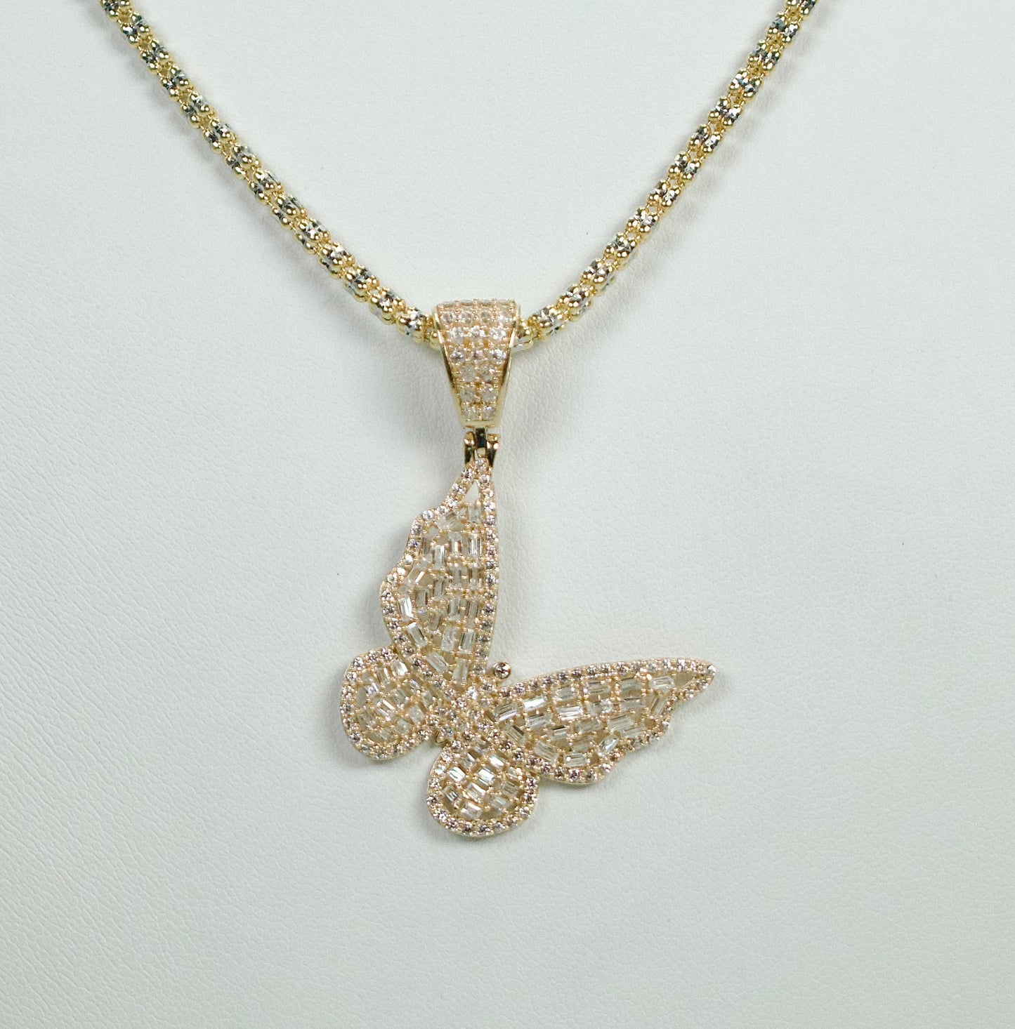 14K Butterfly Cz Stones Pendant With Ice Chain Yellow Gold