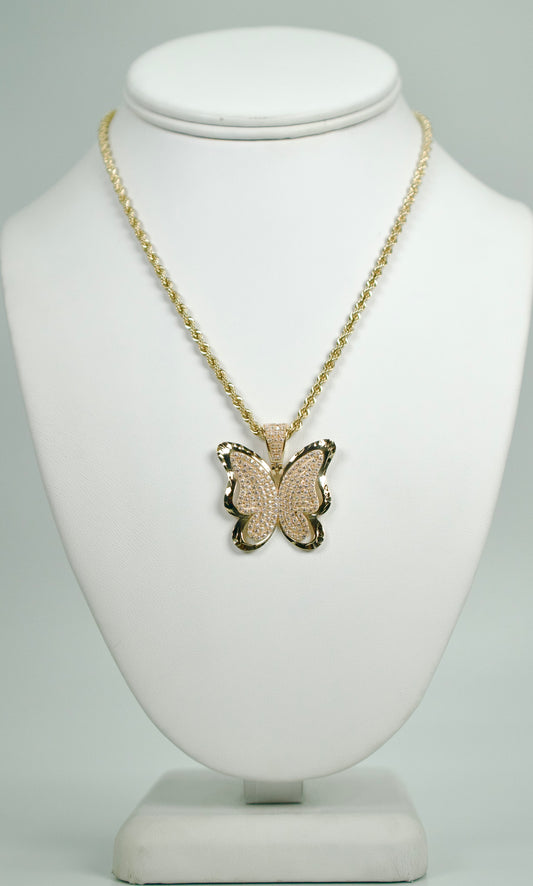 14K Butterfly Cz Pendant With Rope Chain