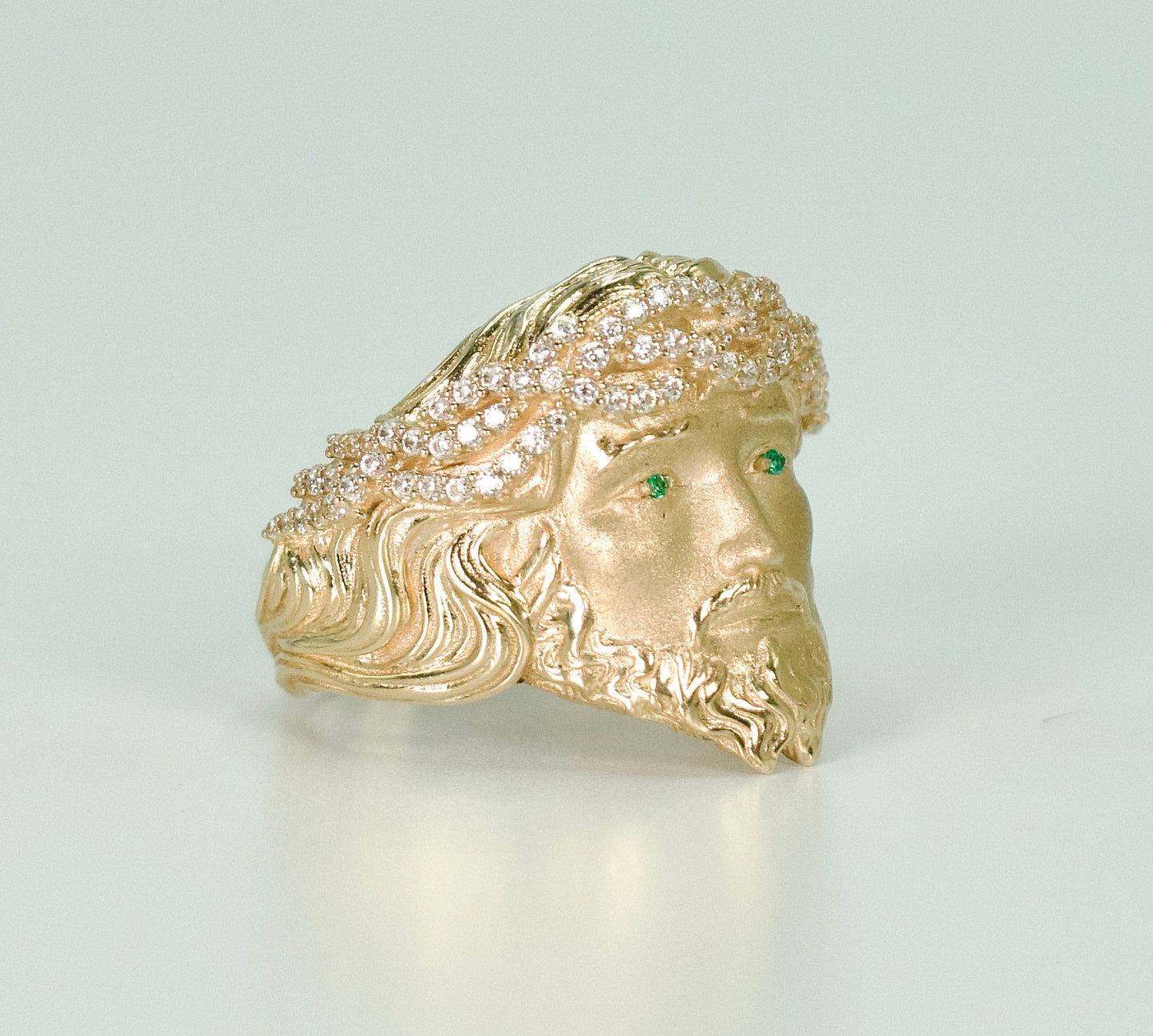 14K Jesus Face Cz Men's Ring Yellow Gold