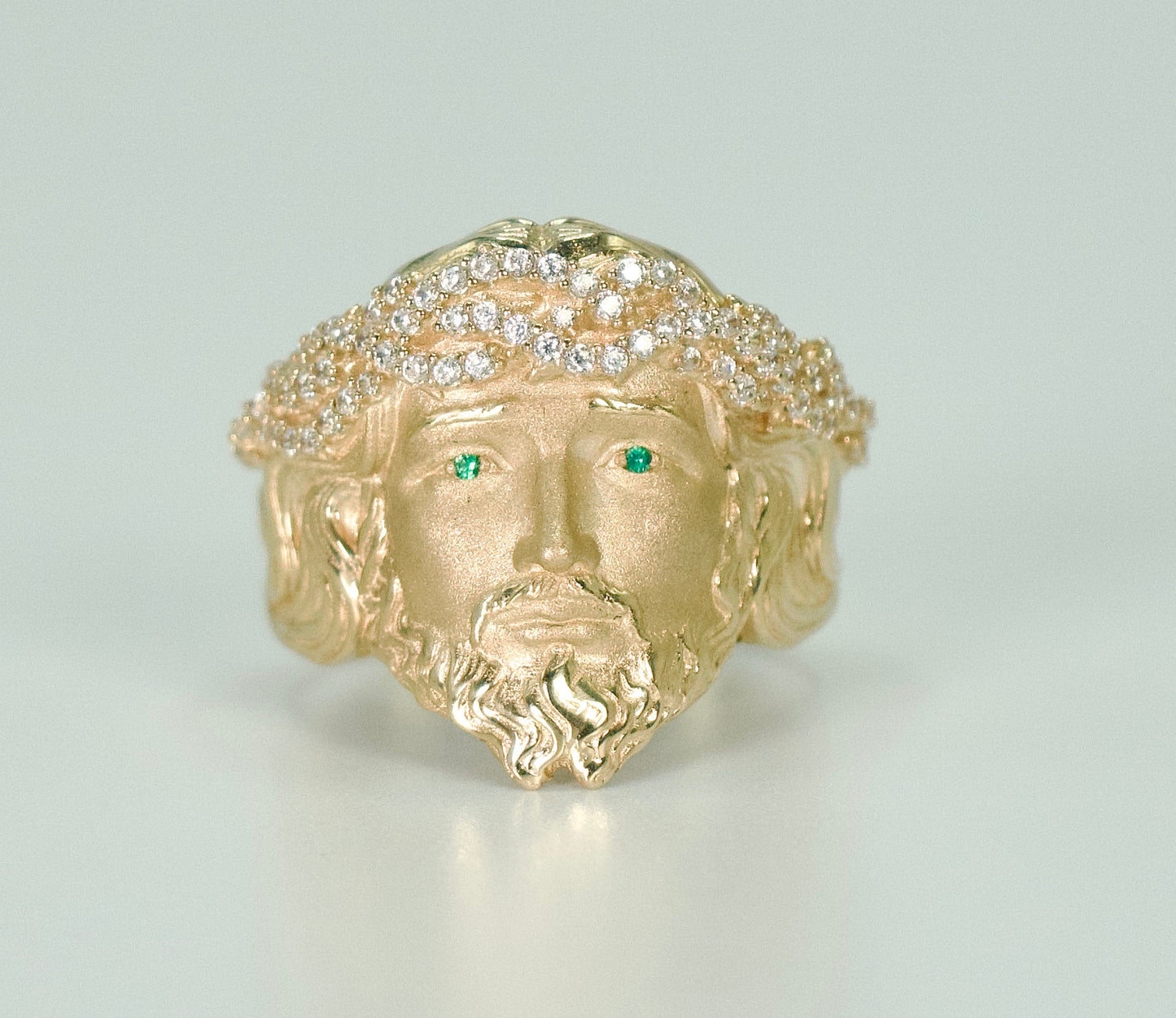 14K Jesus Face Cz Men's Ring Yellow Gold