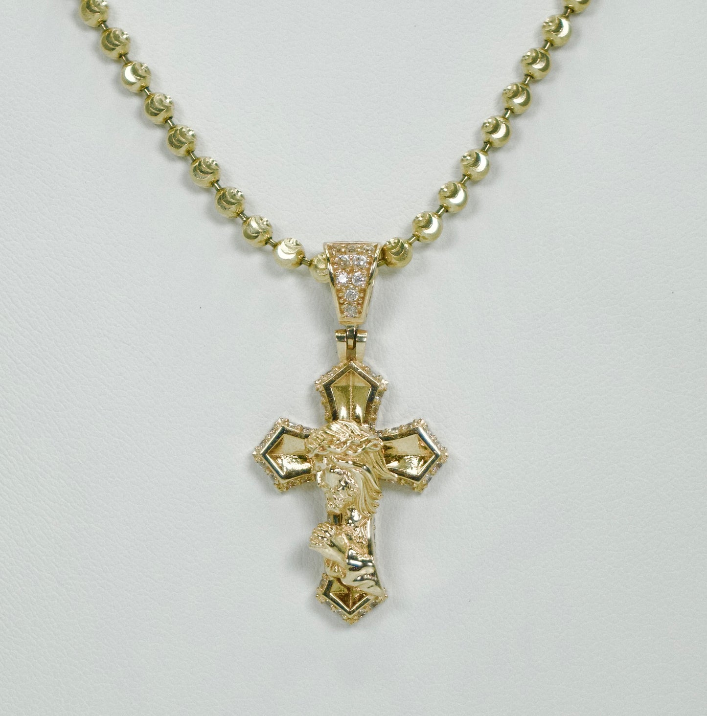 14K Cross Cz Pendant With Moon Cut Chain Yellow Gold