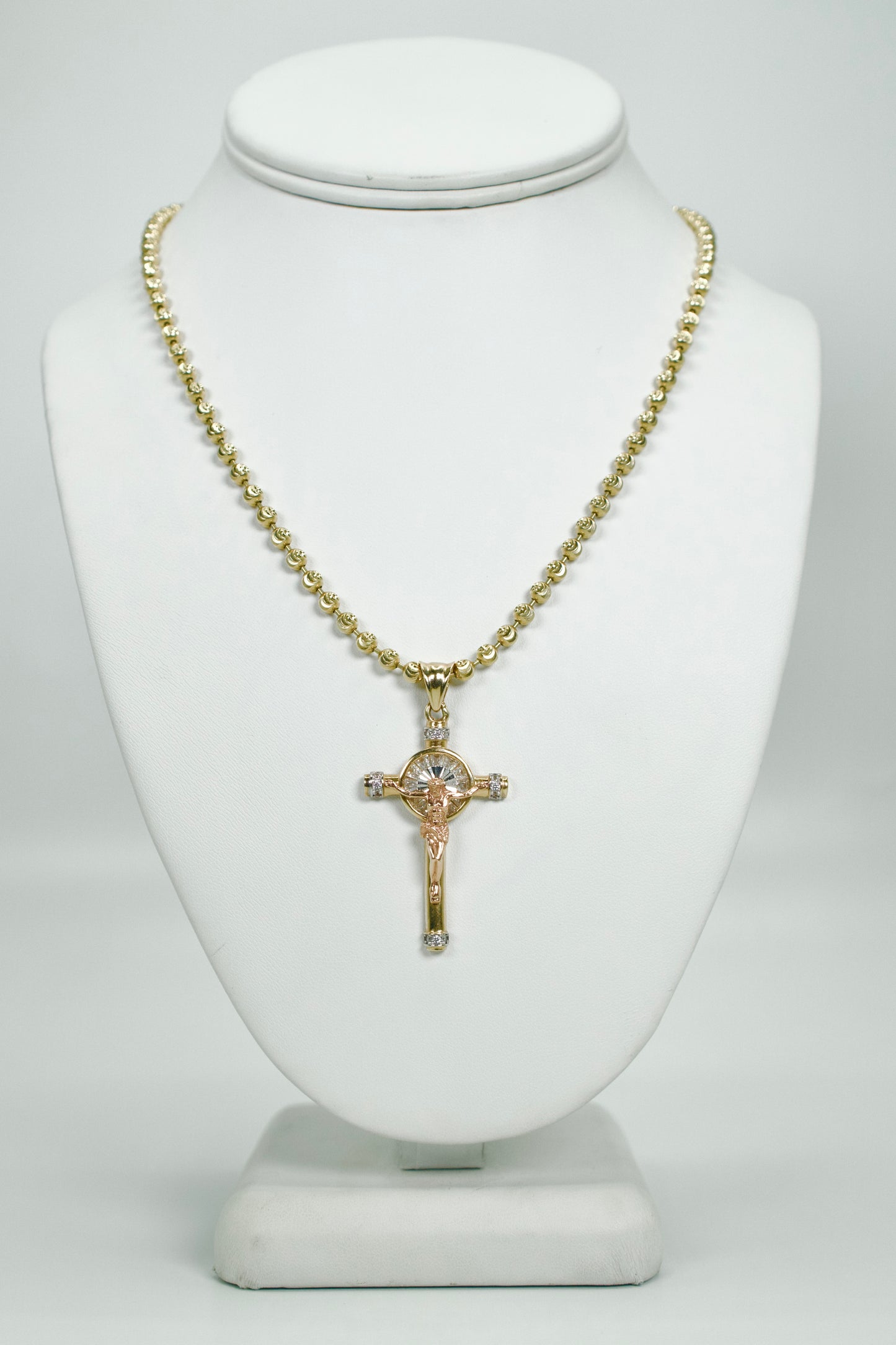 14K Jesus Christ Cross Pendant Three Tones With Moon Cut Chain Yellow Gold