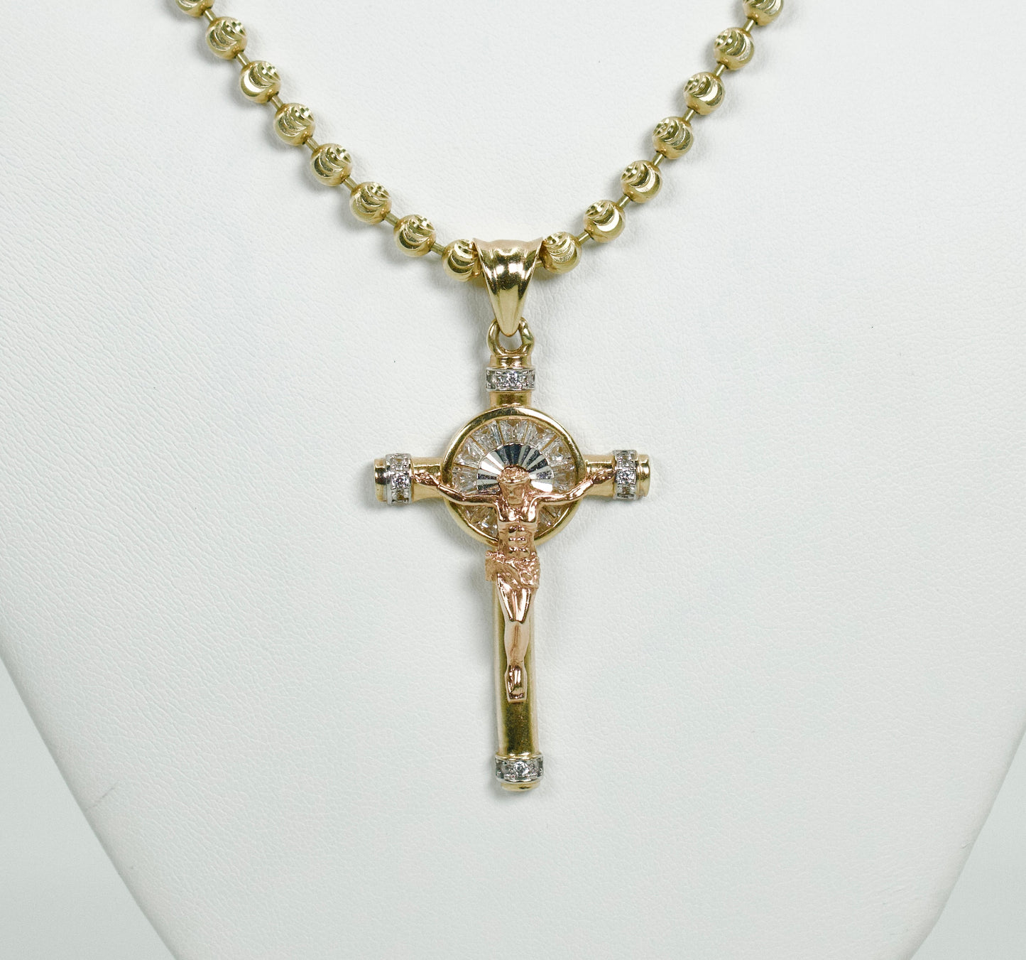 14K Jesus Christ Cross Pendant Three Tones With Moon Cut Chain Yellow Gold