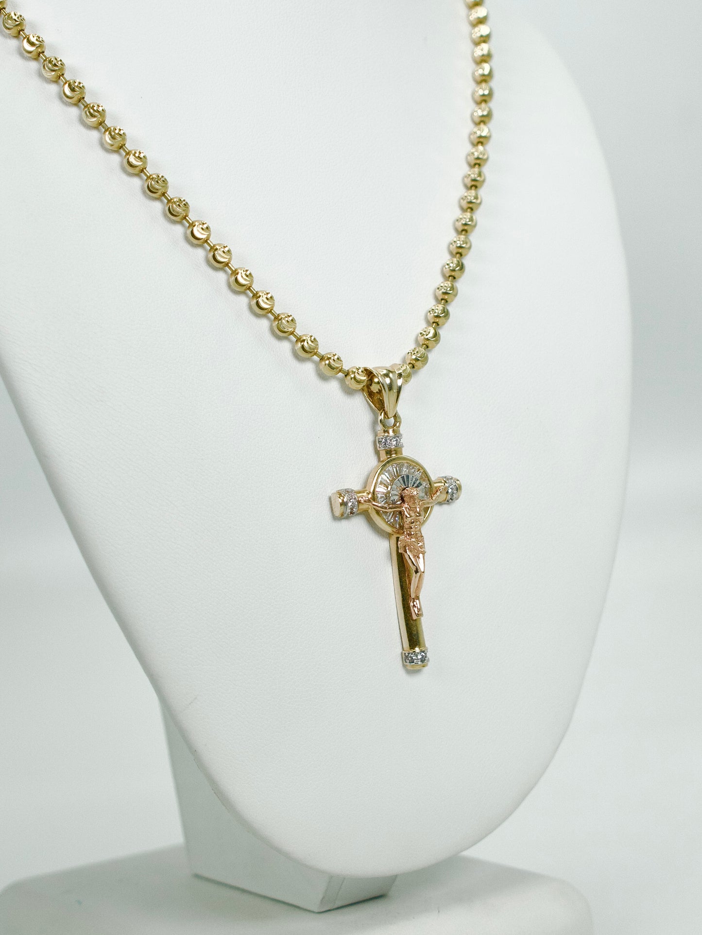 14K Jesus Christ Cross Pendant Three Tones With Moon Cut Chain Yellow Gold
