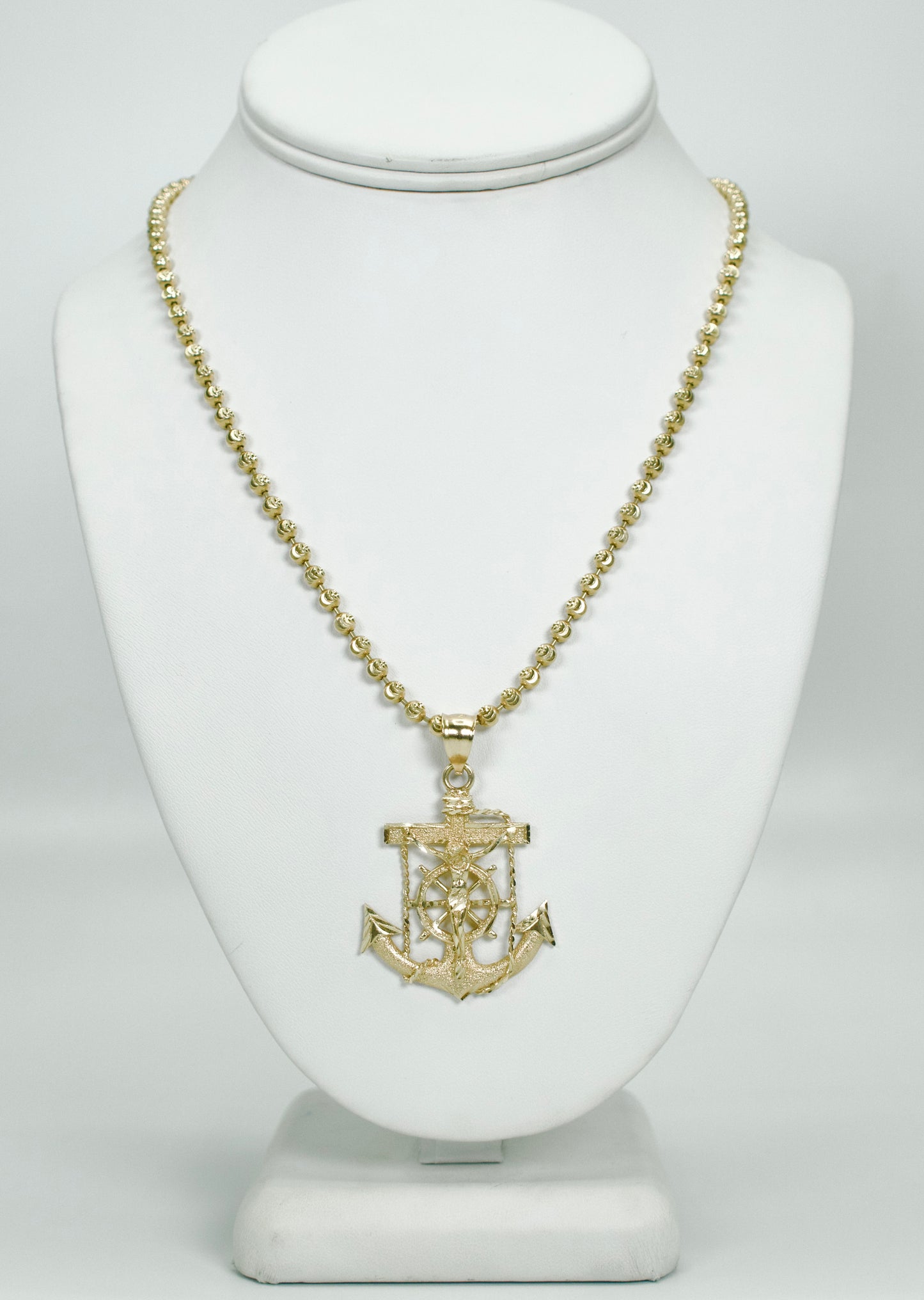 14K Jesus Anchor Pendant With Moon Cut Chain Yellow Gold